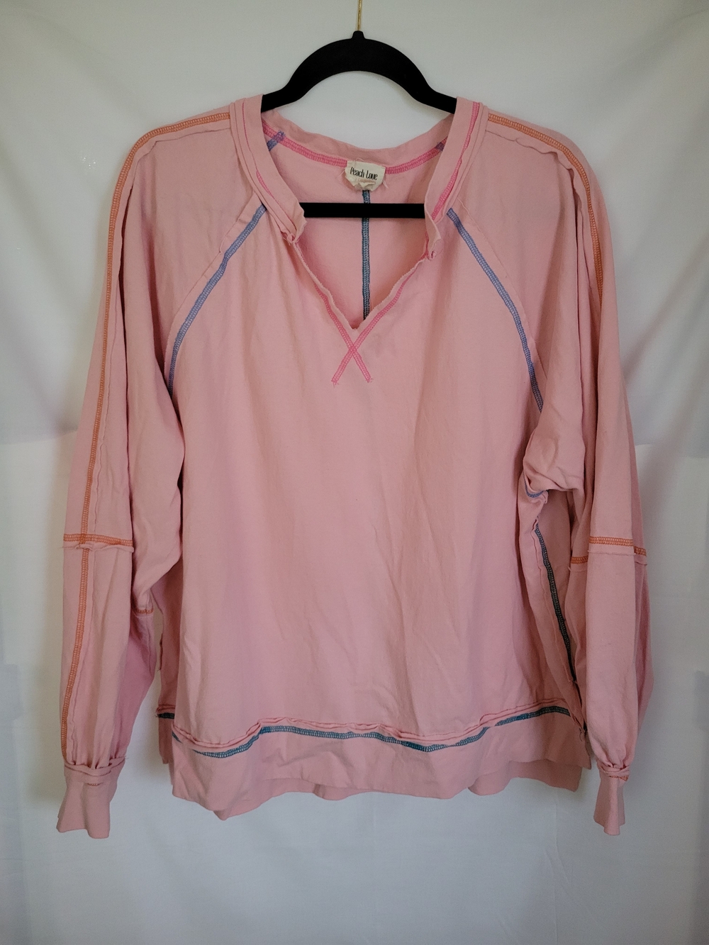 Peach Love California Pink V-Notch Pullover Long Sleeve Shirt